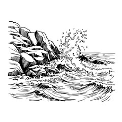 Ocean Wave Crashing: A dramatic monochrome illustration captures the raw power of the ocean. A powerful wave crashes against a rocky shore, sending a surge of water and spray into the air.