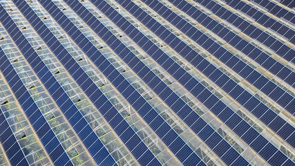 Greenhouse for growing vegetables with mounted photovoltaic solar panels on the roof, combining agriculture and solar energy for sustainable and eco-friendly food production.