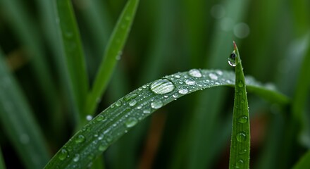 Close up macro of morning dew on green grass blades with sharp water droplets vibrant natural colors soft sunlight and shallow depth of field pristine fresh nature concept generative ai


