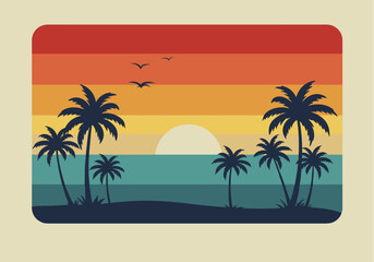 A retro-style illustration showcases a vibrant sunset over a tranquil ocean scene, featuring silhouetted palm trees and birds in a warm, inviting atmosphere.