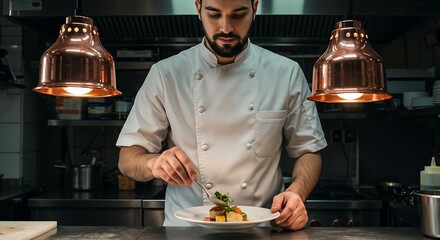 Confident young male chef plating gourmet dish in professional kitchen with sharp focus on hands food textures and vibrant culinary details under warm ambient lighting generative ai
