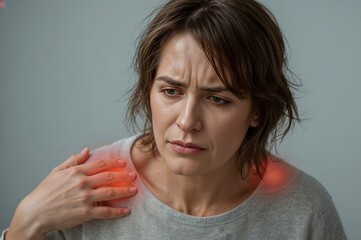 Pain in the shoulder joint of a woman. Shoulder treatment.