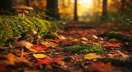 Ultra detailed photo of colorful autumn forest floor with fallen leaves mushrooms and moss sharp textures and soft warm sunlight rich natural seasonal atmosphere generative ai

