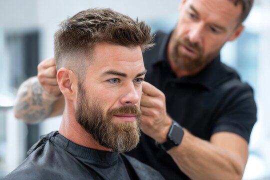 Barbershop grooming session with a stylish haircut and beard trim for a fashionable man