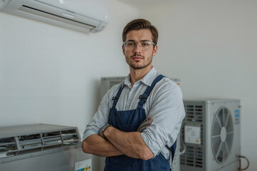 Fototapeta premium A man who installs an air conditioner at his workplace.