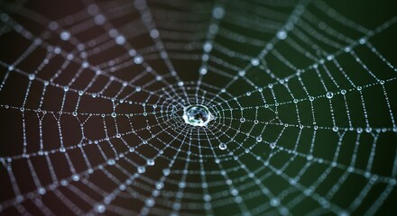 Macro closeup of sparkling fresh water droplets on intricately detailed spider web with soft natural light magical nature scene with sharp textures generative ai

