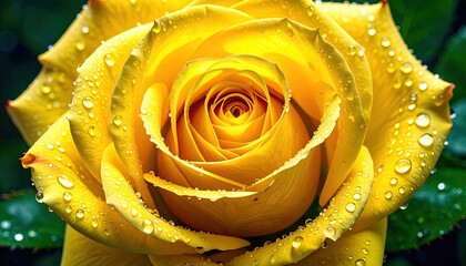 Close-up vibrant yellow rose with dew drops