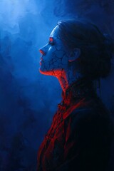  painting of a woman with cracked skin, in profile, against a dark blue background