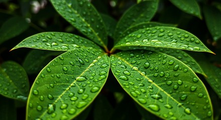 Close up of fresh green leaves with visible veins covered in raindrops after storm vibrant sharp textures and soft natural light refreshing nature scene generative ai

