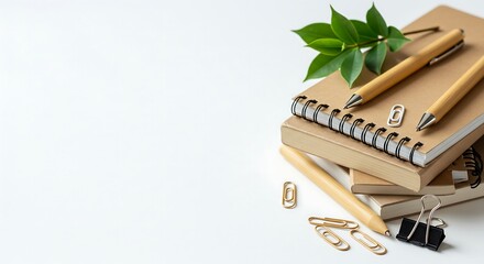 Focus stacked flat lay of eco friendly office supplies kraft paper notebook bamboo pen green leaves and paper clips minimalist design with clean white background and copy space generative ai

