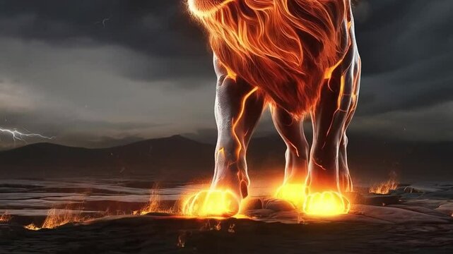 Majestic lion made of fire and lava