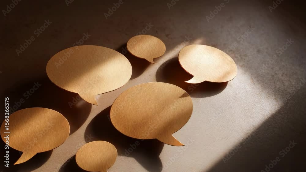 Poster creative wooden speech bubbles arranged on simple background with soft light enhancing unique shapes