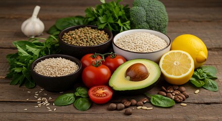 Focus stacked overhead photo of fresh healthy food ingredients avocado tomatoes herbs lemon and grains arranged on rustic wooden table with negative space clean textures generative ai

