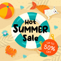 Hot Summer Sale promotion vector illustration. Chihuahua sleeping on the beach