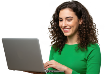 Smiling woman using a laptop isolated on transparent background