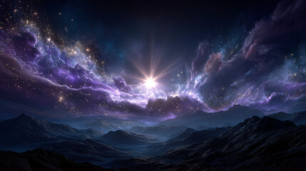 Beautiful light in the fantasy sky purple and black color tones ,epic background image.