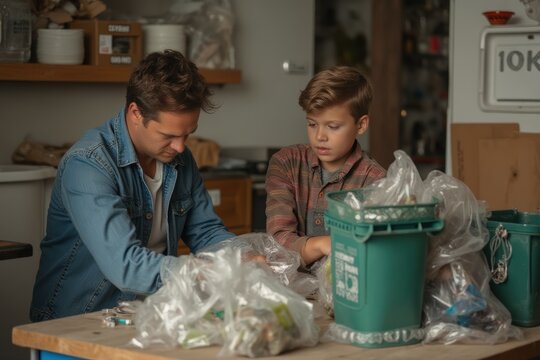 Father and son recycling in garage