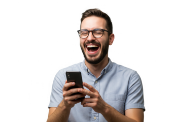 Man laughing heartily while looking at his phone isolated on transparent background