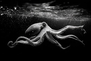 A black and white underwater shot of an octopus.  Its tentacles are spread out and it's moving through dark water with air bubbles