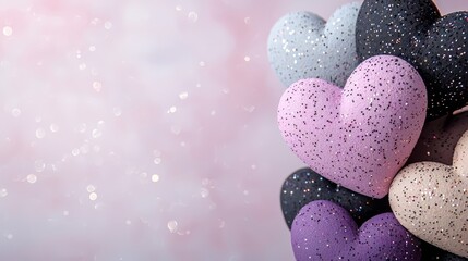 Bunch of hearts are stacked on top of each other, with some being purple and others being black. The image has a playful and whimsical mood