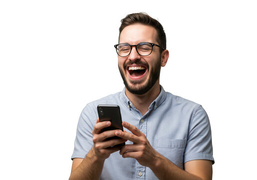 Man laughing heartily while looking at his phone isolated on transparent background - Powered by Adobe