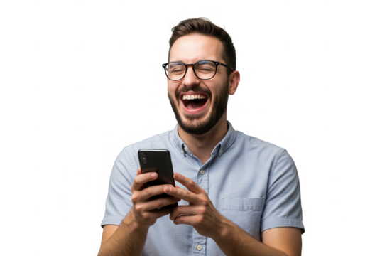 Man laughing heartily while looking at his phone isolated on transparent background