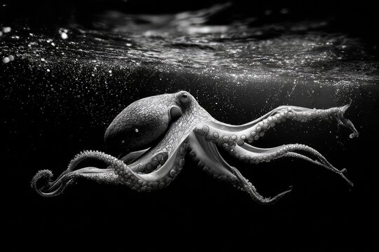 A black and white underwater shot of an octopus. Its tentacles are spread out and it's moving through dark water with air bubbles