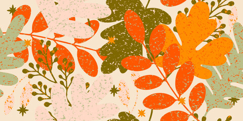 Trendy art style abstract autumn seamless pattern. Fall background. for fabric, textiles, clothing, wrapping paper, cover, banner, home decor, abstract backgrounds. Vector illustration.