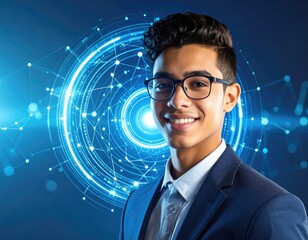 Business professional, futuristic graphic overlay