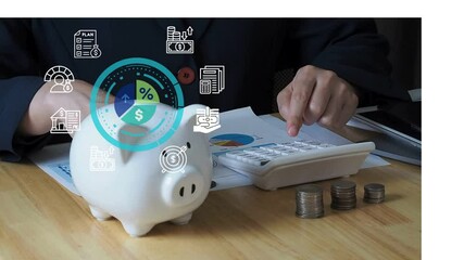businesswoman  hand using a calculator beside a piggy bank, representing smart financial planning, saving money, and managing interest rates. content related to banking, savings goals, finance tips - Powered by Adobe