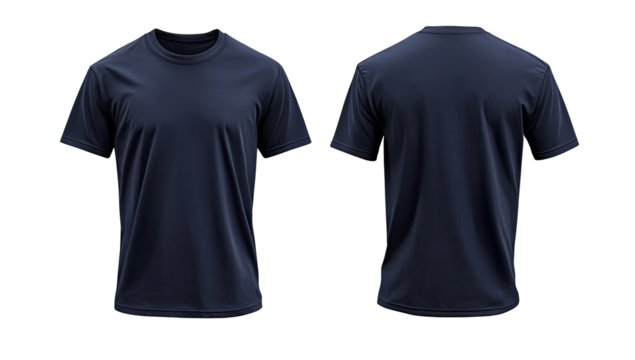 Front and back view of a navy blue t-shirt