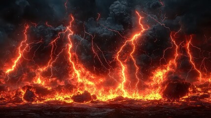 Dramatic sky with red lightning and lava flow