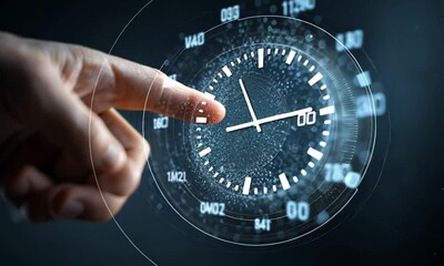 A finger interacts with a digital clock interface, showcasing time management and technological control - Powered by Adobe