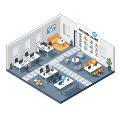 Fototapeta premium Modern open office layout with desks and employees.