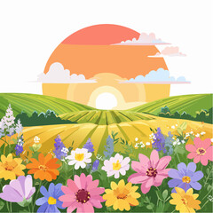 Obraz premium Field wildflowers, Vibrant colors of sunset, blooming in spring