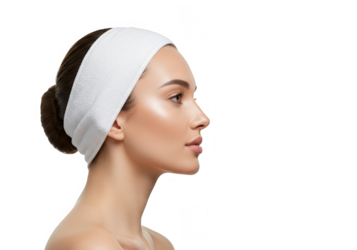 Beautiful woman s profile with white headband isolated on transparent background