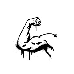 A black and white illustration of a muscular arm with a fist up