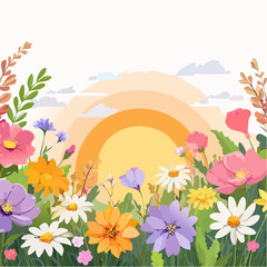 Fototapeta premium Field wildflowers, Vibrant colors of sunset, blooming in spring