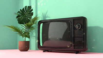 Retro Television and Monstera Plant on Modern Pink and Mint Background.