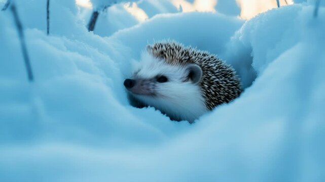 A hedgehog rests in a cozy snow burrow.