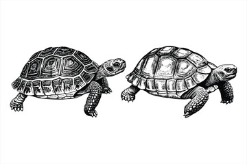Turtles are depicted in a vintage drawing isolated on white background