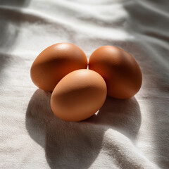 Three brown eggs resting on a soft fabric surface, captured in natural light. A minimalist food composition ideal for culinary concepts, recipes, nutrition, or healthy lifestyle themes.