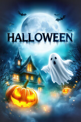 Glowing Halloween poster with lettering, haunted house, pumpkin and full moon – mystical night in vivid colors