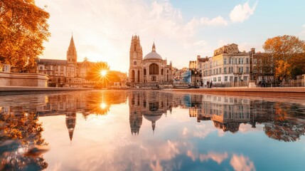 Obraz premium Scenic view of historic city skyline du sunrise with reflection in river urban architecture