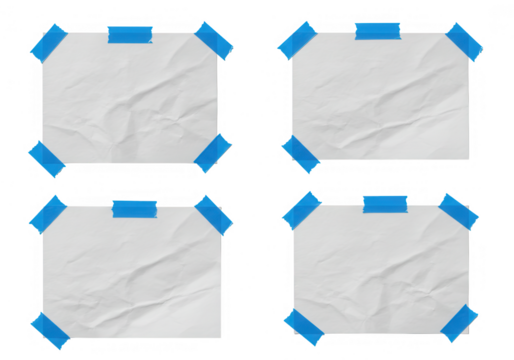 Four crumpled paper sheets secured with blue tape isolated on transparent background - Powered by Adobe