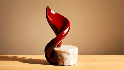 Elegant Red Sculpture on Marble Base, Modern Art Piece with Neutral Background.