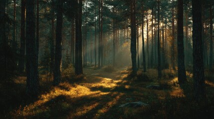 Sunbeams pierce a misty forest path