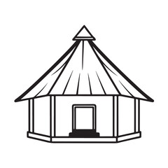 Traditional Round Hut Vector with Conical Roof in Black Outline
