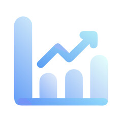 Vector art of a blue and purple gradient bar chart shows an upward trending arrow