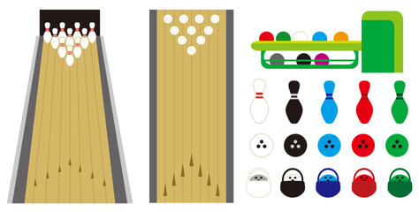 趣味やスポーツにもなる球技のボウリングに関係した素材を色付のベクター・イラストでデザインしたコレクション
